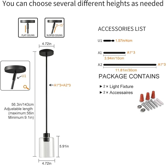 Black Pendant Lights Kitchen Island,Modern Farmhouse Glass Pendant Light,Light Fixture Kitchen Pendant Mini Hanging Light Fixture for Sink (Black 2 Pack Stem Rod) - Image 4