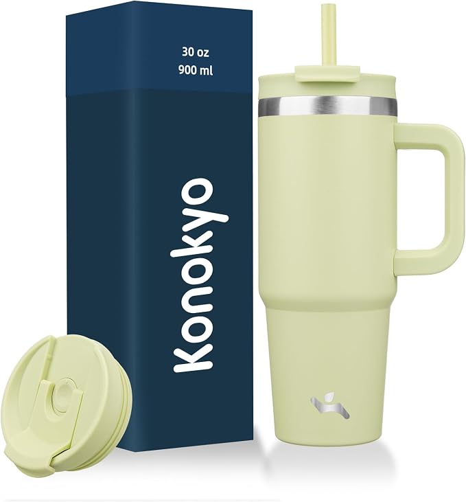 Konokyo 30 oz Insulated Tumbler Water Bottle with Handle, Straw Lid | BPA-free and dishwasher safe; made for gym, travel, coffee and gifting, 2 straws, cup holder friendly,Macaron Green by Konokyo