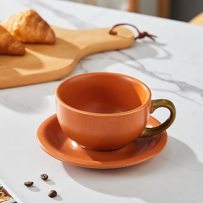 Coffeezone Vintage Design 12 oz Ceramic Latte Art Cappuccino Barista Cup with Saucer (Pumpkin Orange) - Image 5