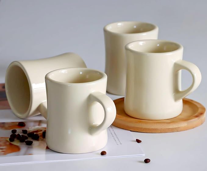 harebe Retro Coffee Cup Set of 4, 10 OZ Heavy Classic Ceramic Diner Mugs Set with Handle for Coffee, Tea, Cocoa, Milk, Latte（Cream） - Image 5