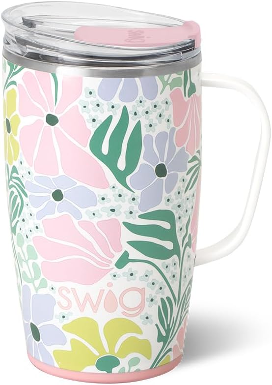 Swig Life 18oz Insulated Travel Mug with Handle & Lid, Garden Party | Triple Insulated Stainless Steel - Handle & Lid Included - Keeps Coffee Hot or Cold - Cup Holder Friendly by SwigLife