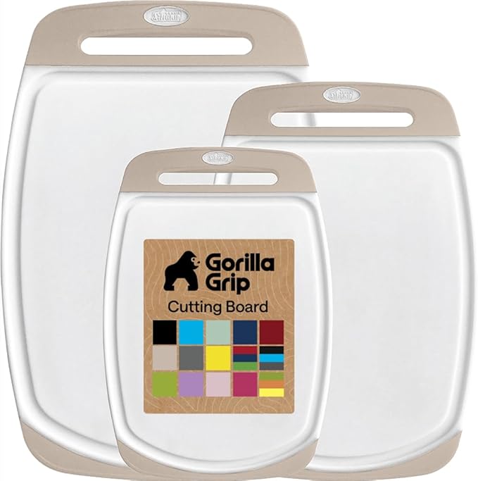 GORILLA GRIP BPA-Free Reversible Kitchen Cutting Board Set of 3, US Designed, Nonporous, Juice Grooves Catch Liquid, Slip Resistant Border, Dishwasher Safe, Durable Large Food Chopping Boards, Almond by Unknown