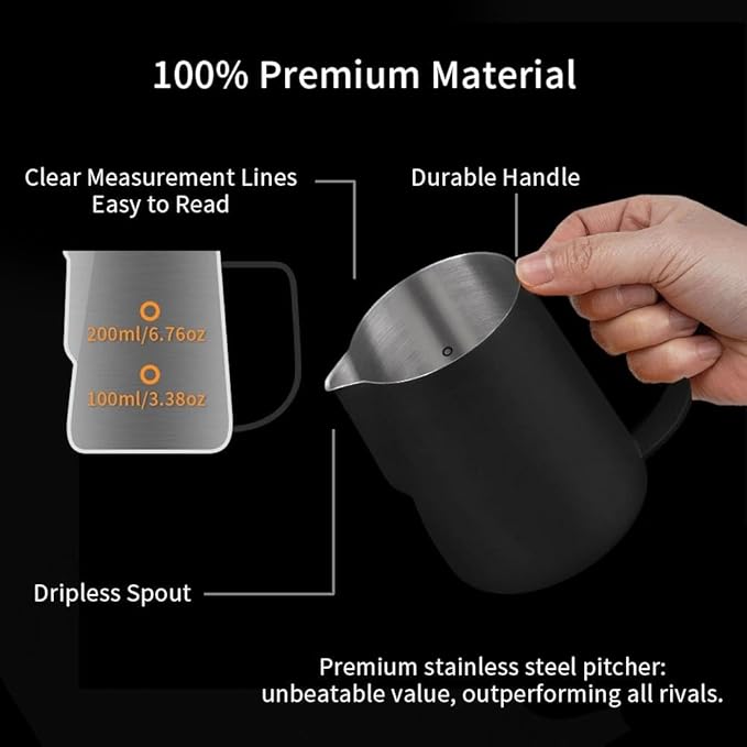 watchget Milk Frothing Pitcher 250ml/8oz Stainless Steel Espresso Steaming Pitcher Milk Coffee Cappuccino Latte Art Barista Steam Pitcher Milk Frothing Jug, Black