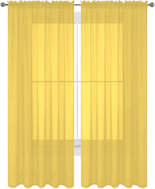 2 Piece Solid Elegant Sheer Curtains Fully Stitched Panels Window Treatment Drape (54" X 36", Yellow) by Decotex