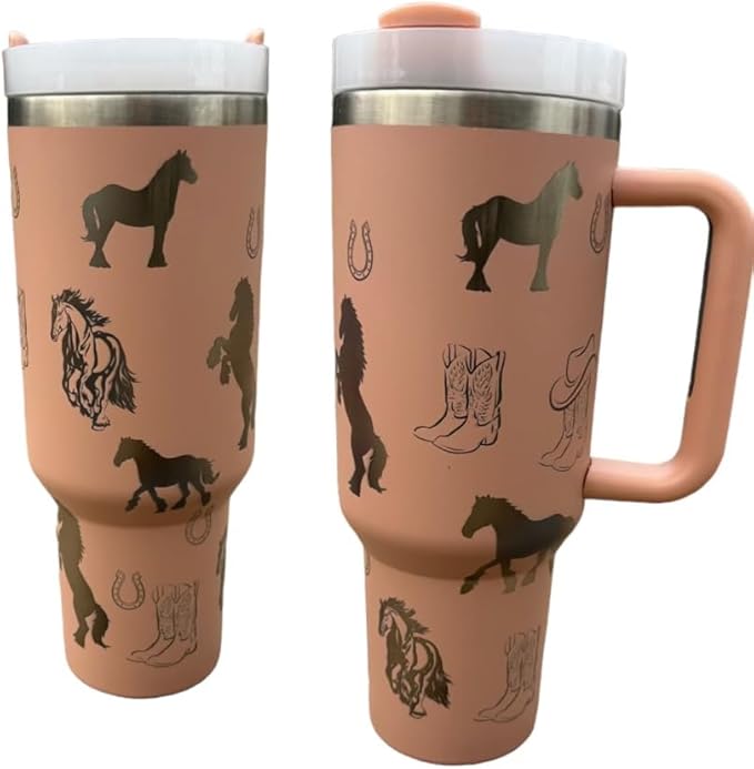 Western Engraved 40oz Tumbler, Tumbler with handle, Cowgirl Tumbler, Country Mug with Handle (Peach-Horses(A12))