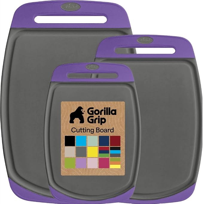 GORILLA GRIP BPA-Free Reversible Kitchen Cutting Board Set of 3, US Designed, Nonporous, Juice Grooves Catch Liquid, Slip Resistant Border, Dishwasher Safe, Durable Food Chopping Boards, Gray Purple by Unknown