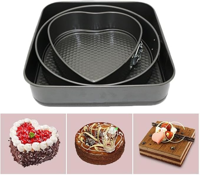Kitchen Tool Cake Baking Supplies Non-stick Removable Bottom Springform Cake Pan TinBaking Heart shaped cake pans Leak proof and high temperature resistant Square roud Heart cake Pans Set of 3 - Image 5