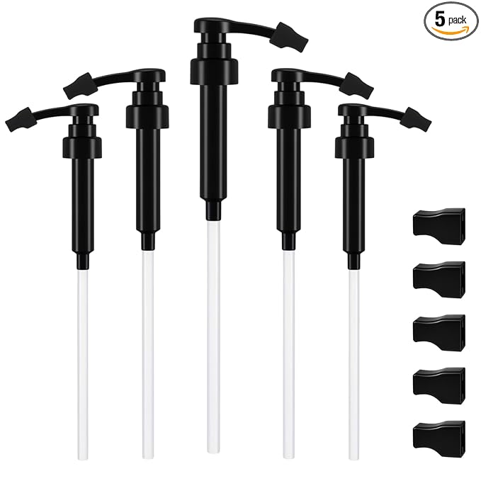 Nuogo 5 Pcs Coffee Syrup Pump Compatible with Monin 750ml (25.4 Fl Oz) Glass Bottles Flavor Syrup Pump Dispenser with Tip Covers (Black)