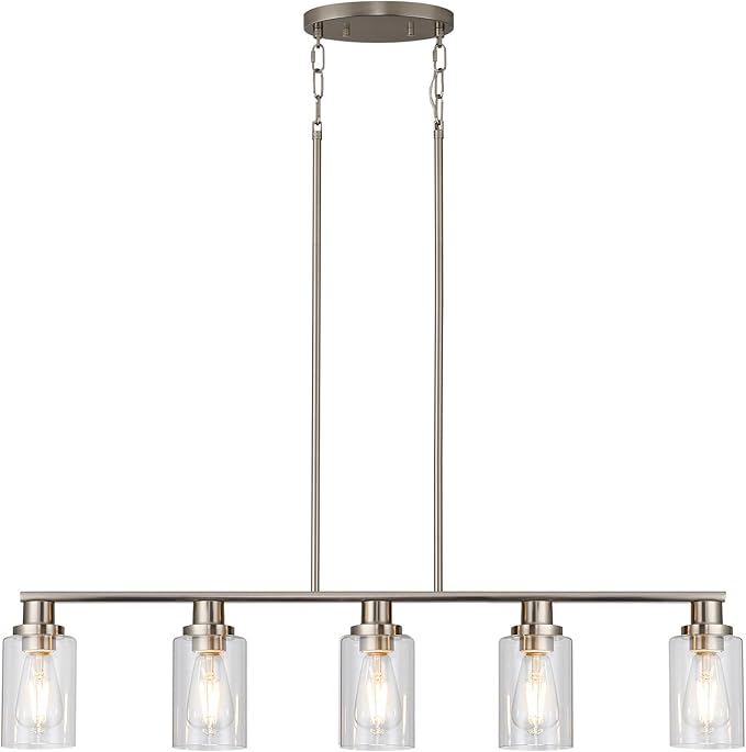 Kitchen Island Pendant Lighting, 5-Light Farmhouse Dining Room Light Fixture Over Table, Brushed Nickel Finish with Clear Glass Shade, Rustic Industrial Linear Chandelier for Kitchen Island by KPIOK