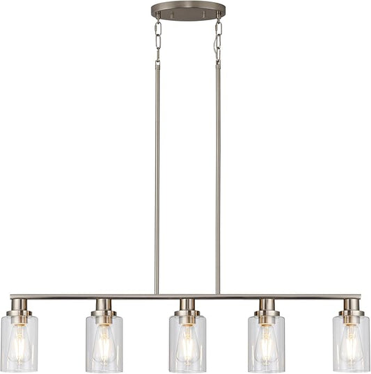 Kitchen Island Pendant Lighting, 5-Light Farmhouse Dining Room Light Fixture Over Table, Brushed Nickel Finish with Clear Glass Shade, Rustic Industrial Linear Chandelier for Kitchen Island by KPIOK