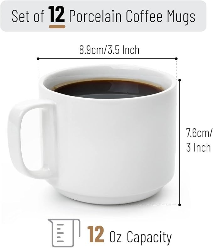BTaT- Porcelain Stackable Coffee Mugs, 12 Pack, 12 oz, White | Ceramic Coffee Cups, Dishwasher and Microwave Safe - Image 2