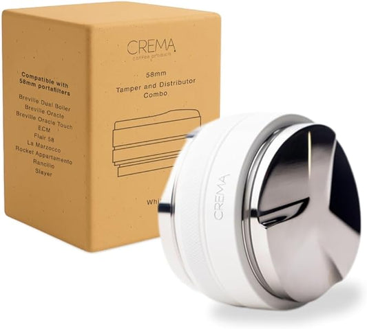 CREMA Coffee Products 59mm Hand Tamper & Coffee Distributor | Compatible with Breville Portafilters | Double-Sided, Adjustable Depth Tool | Made with Durable 304 Stainless Steel | White