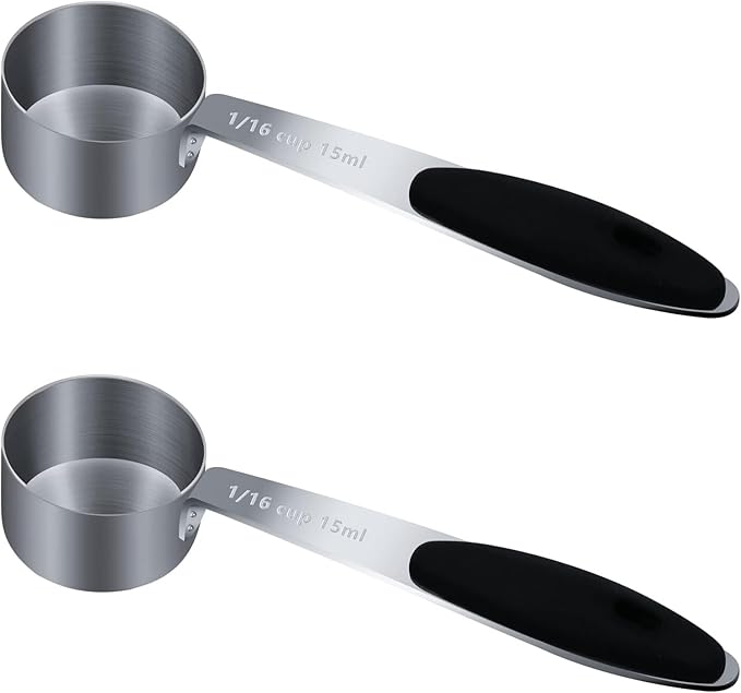 2PCS 1/16Cup (15ml, 1/2oz) Single Measuring Cup with Black Silicone Grip, Stainless Steel Individual Measure Scoop Only