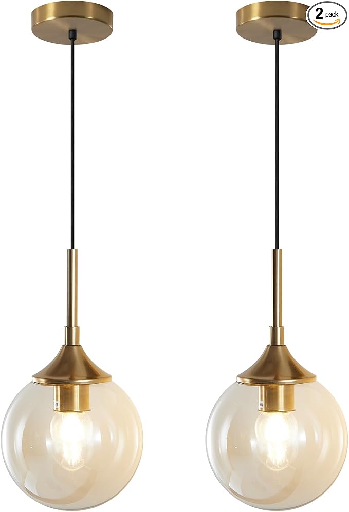 KCO Lighting Mid Century Modern Kitchen Island Pendant Lighting Gold 1-Light Amber Glass Globe Pendant Light Brushed Brass Large Living Room Pendant Light Fixture (2 Pack) by KCOLighting