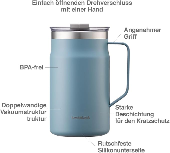 LocknLock Metro Mug, Premium 18/8 Stainless Steel Metal, Double Wall Insulated, Portable Coffee Cup with Lid and Handle for Hot and Cold Drinks, Blue, 20 oz - Image 8