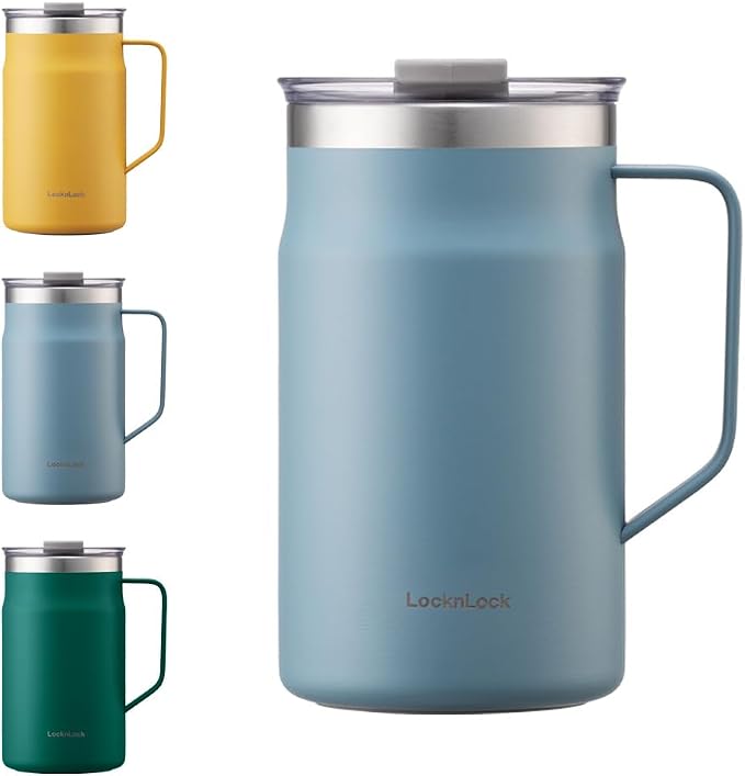 LocknLock Metro Mug, Premium 18/8 Stainless Steel Metal, Double Wall Insulated, Portable Coffee Cup with Lid and Handle for Hot and Cold Drinks, Blue, 20 oz by LocknLock