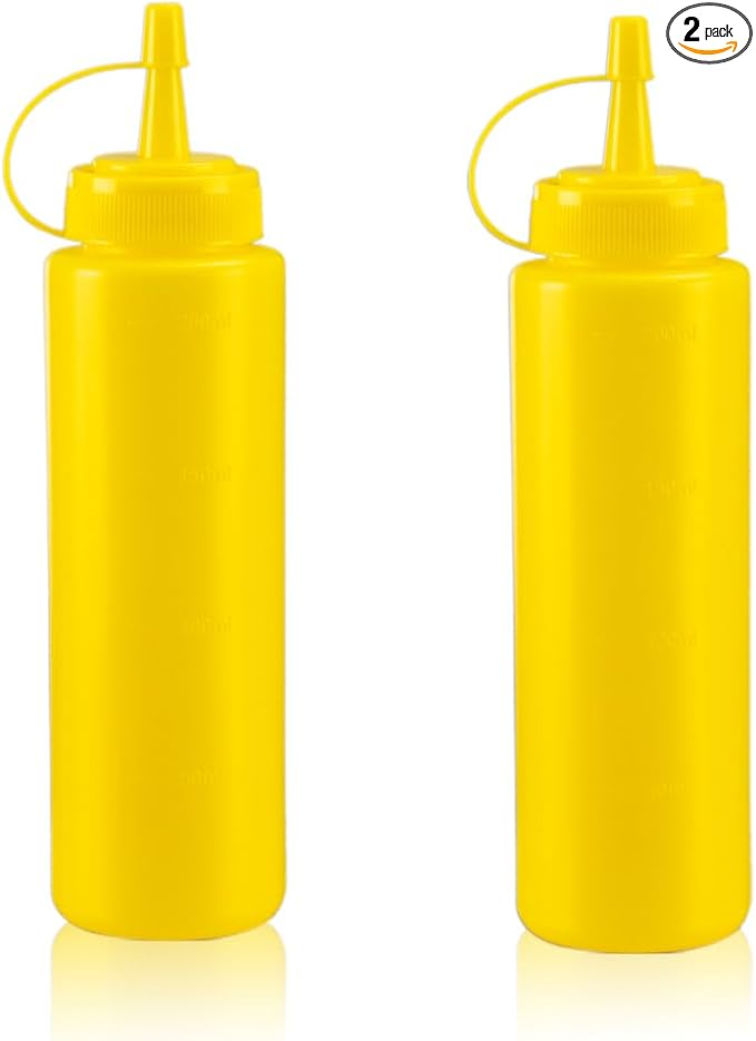 Squeeze Bottles for Sauces,Leak-Proof Condiment Dispenser, BPA-Free Kitchen Restaurant Squeeze Bottle Set with Wide Mouth for Ketchup, Mustard,Syrup,Dressings (Yellow, 2Pack-8oz(200ml))