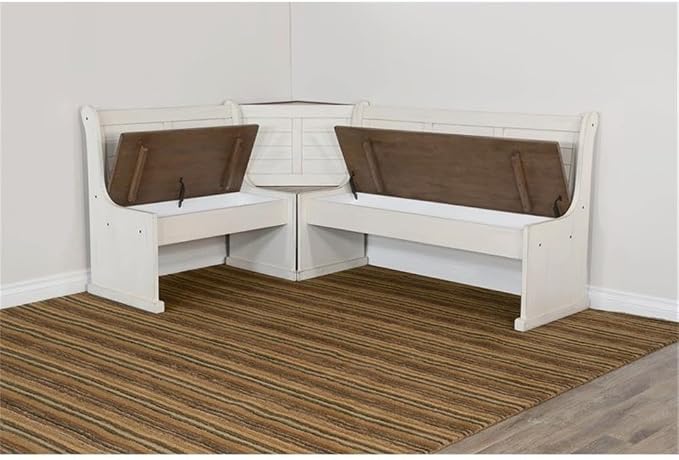 Pemberly Row Dining Set Wood, Rectangular in Off White (36" H x 75" W x 56" D) for Kitchen, Dining Room with Table, Reversable Benches, and Storage Space - Image 3