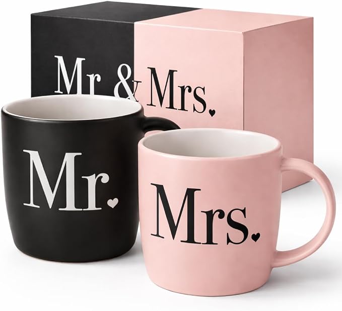 Triple Gifffted Mr and Mrs Coffee Mugs Couples Gifts Ideas for Wedding Anniversary Engagement Valentines Christmas His Hers Present Husband Wife Him Her Men Women, Bride Groom Newlyweds, Ceramic 13Oz by TripleGifffted
