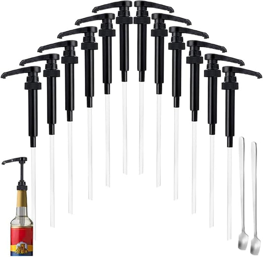 12 Pcs Black Coffee Syrup Pumps, Compatible with 25.4 Oz/750ml Bottles, Great for Home & Coffee Bar Drinking Mixes, Tea, Beverage, Cocktails, Plus Spoons