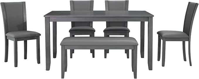 6-Piece Dining Table Set with Bench and Chairs - Solid Wood Kitchen Dining Room Table Set in Farmhouse Rustic Style, Table Set for 6 with 4 Chairs and Bench Seat.(Dark Gray_Large) - Image 4