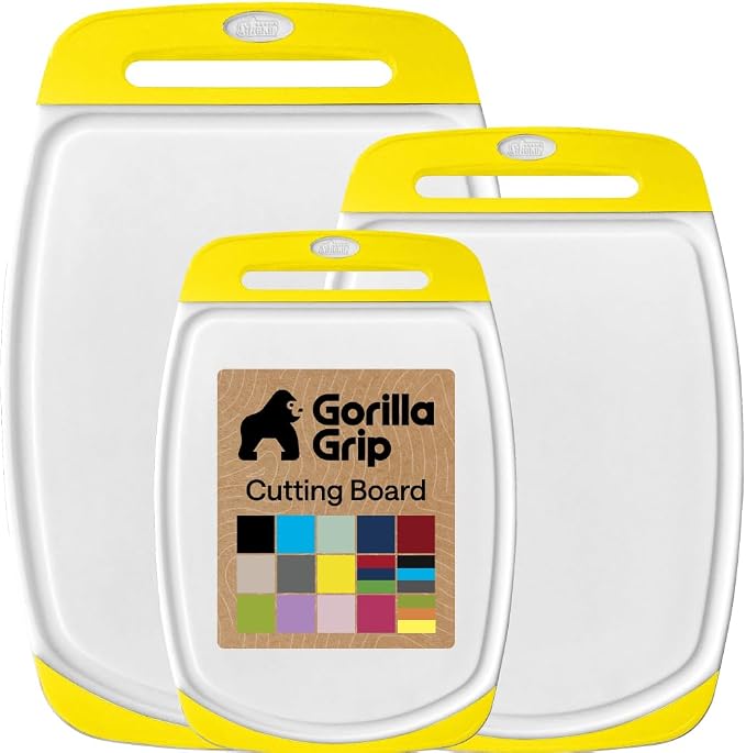 GORILLA GRIP BPA-Free Reversible Kitchen Cutting Board Set of 3, US Designed, Nonporous, Juice Grooves Catch Liquid, Slip Resistant Border, Dishwasher Safe, Durable Large Food Chopping Boards, Yellow by Unknown