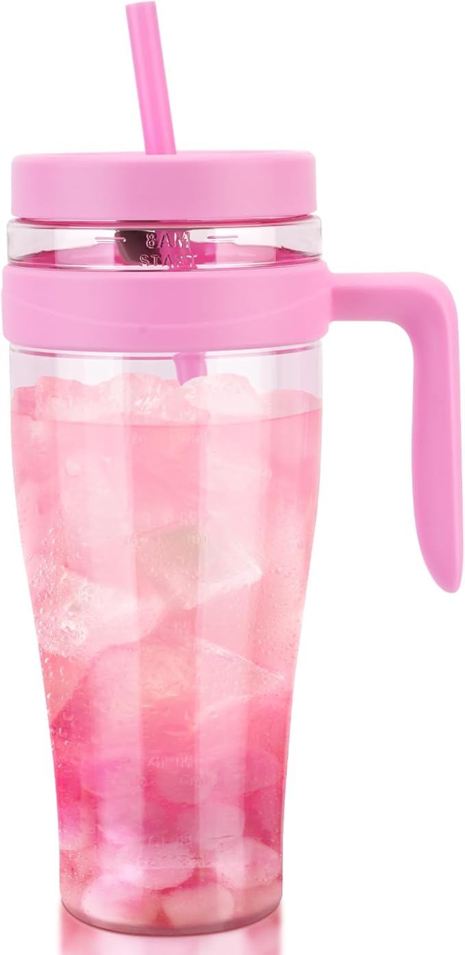 Hydraful 50 oz Tritan Plastic Tumbler with Lid and Straw and Handle - 100% Leak-Proof - Perfect for Iced Coffee, Smoothies, and Juice - Wide Mouth Reusable Water Bottle with Time Marker