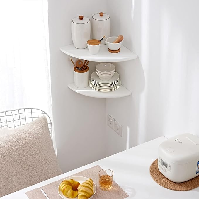 White Corner Shelf, Wall Mount Natural Oak Wood Floating Corner Wall Shelf Round End Small Corner Nightstand Plant Shelf for Bedroom, Kitchen, Living Room 12inch - Image 8