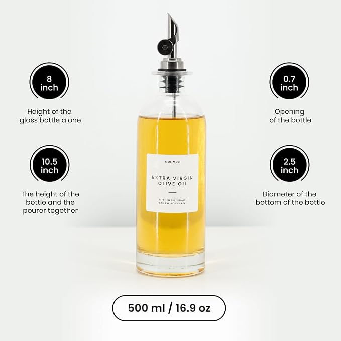 Molimoli Oil and Vinegar Dispenser with Metal Pour Spout, Weighted Pourer, Glass Bottle Dispenser for Kitchen, Olive Oil Cruet, Glass Olive Oil Bottle | 500ml, Set of 2 - Image 2