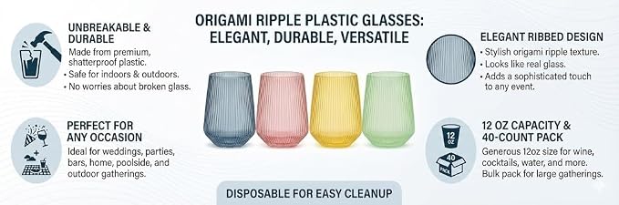 40 Pack Disposable Stemless Plastic Wine Glasses 12 oz - Origami Ribbed Shatterproof Reusable BPA-Free Recyclable Unbreakable Cocktail Cups, Champagne Wedding Birthday Party, Oojami (Color Collection) - Image 6