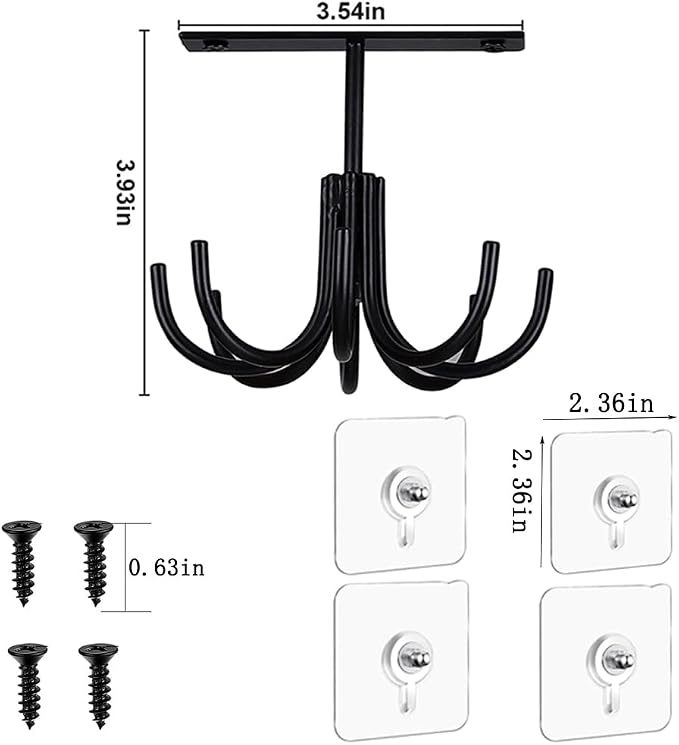 Metal Under Cabinet Kitchen Utensil Hooks,360° Rotating Kitchen Utensil Rack with 8 Hooks,Drilling Free Adhesive Utensils Hanging Rack for Tools/Towel/Knife (Black) - Image 7