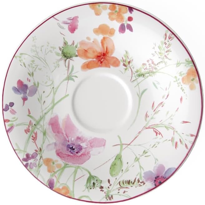 Villeroy & Boch Mariefleur Basic Coffee, Beautiful Premium Porcelain Saucer with Playful Flower Decoration, Dishwasher Safe, 16 cm | Pastel floral porcelain saucer with a red border, made in Germany, dishwasher and microwave safe, suits the coffee table by Unknown