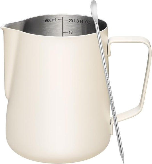 Amrules Milk Frothing Pitcher, 20oz Milk Frother Cup with Clear Scale, 304 Stainless Steel Cappuccino Espresso Machine Accessories for Barista Coffee Bar with Latte Art Pen, White by Amrules