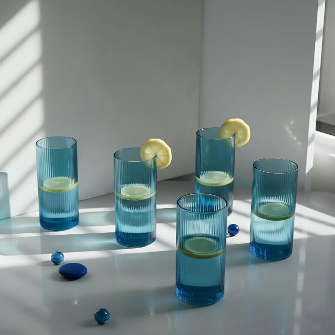 Physkoa Blue Ribbed Drinking Glasses Set of 6 – Vintage Embossed Highball Glassware, Thick Durable Tumbler Cups for Water, Juice, Cocktails, Iced Coffee, Kitchen Bar Gift Set - Image 5