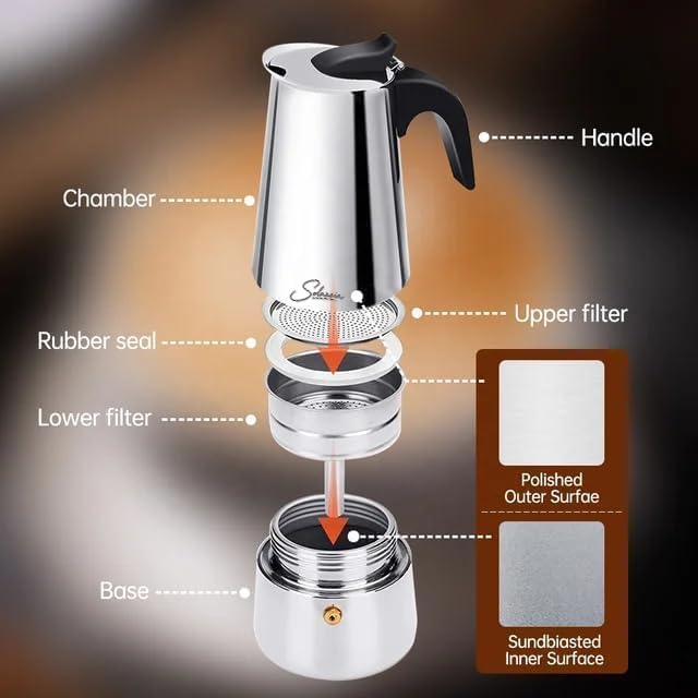 Espresso Maker 6 Cup Moka Pot Stainless Steel Percolator coffee pot, Compatible with Gas, Electric, Ceramic, and Induction stovetops(10 fl oz/300 ml)