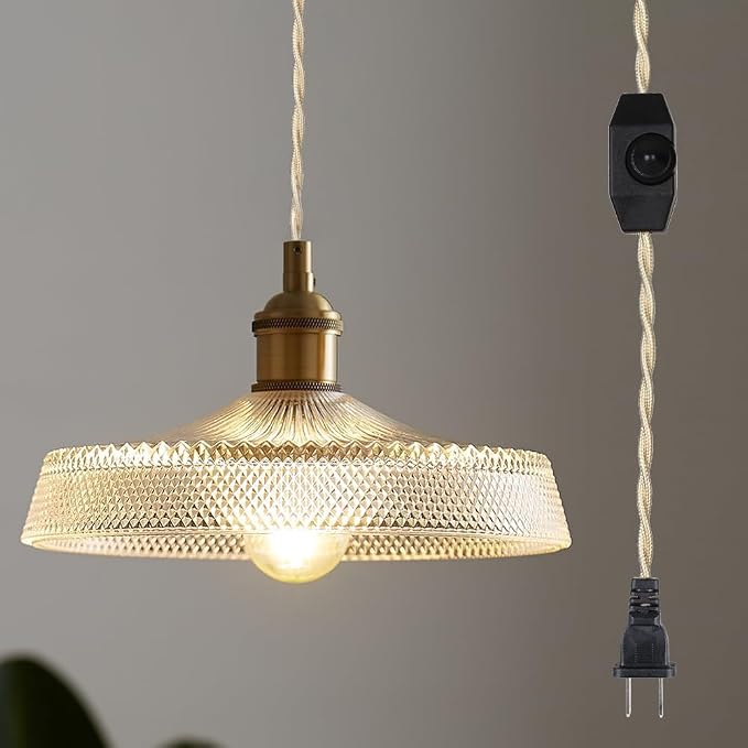 Sedelan Plug in Pendant Light, Vintage Pendant Lights Kitchen Island, Glass Hanging Light, Hanging Lamp with Plug in Cord for Entryway Bedroom Dining Room Kitchen, Adjustable, E26 by Sedelan