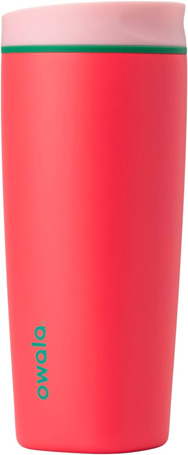 Owala SmoothSip Slider Insulated Stainless Steel Coffee Tumbler, Reusable Iced Coffee Cup, Hot Coffee Travel Mug, BPA Free 20 oz, Pink/Red (Strawberry Fields) by Unknown