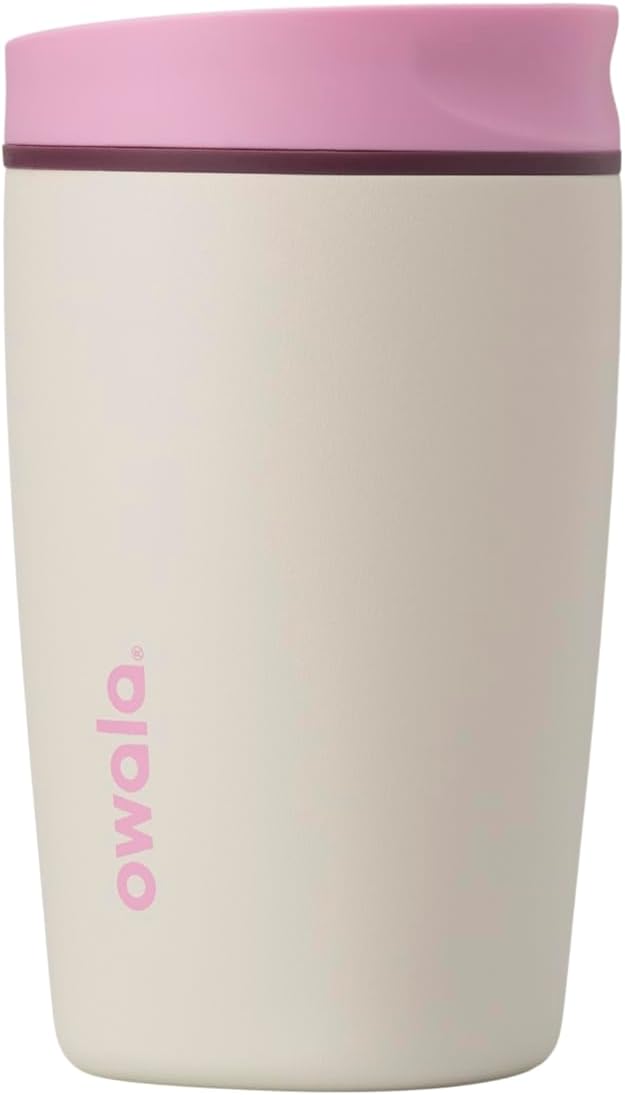 Owala SmoothSip Slider Insulated Stainless Steel Coffee Tumbler, Reusable Iced Coffee Cup, Hot Coffee Travel Mug, BPA Free 12 oz, Pink/Tan (Daybreak) by Unknown