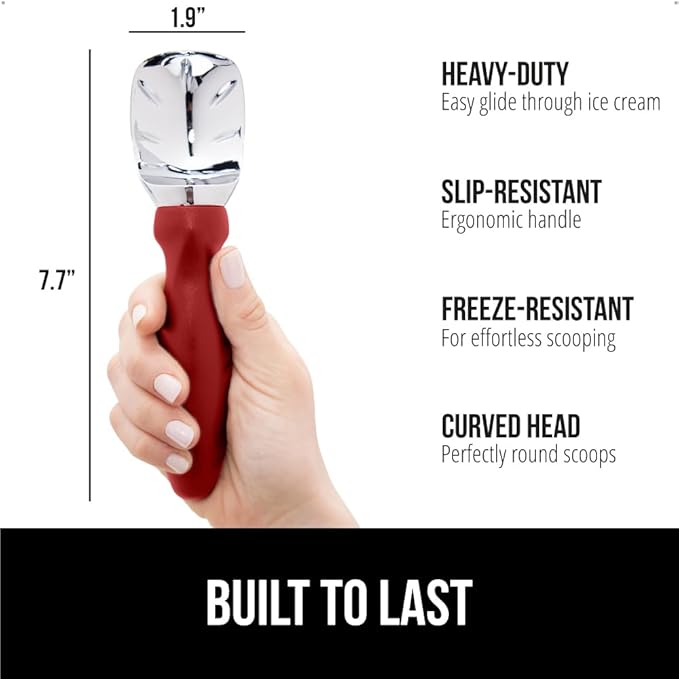 GORILLA GRIP BPA-Free Heavy Duty Ice Cream Scoop, Comfortable Ergonomic Handle, Professional Grade Scooper for Perfect Round Scoops, Spoon Frozen Hard Gelato, Sorbet, Cookie Dough, Kitchen Tool, Red