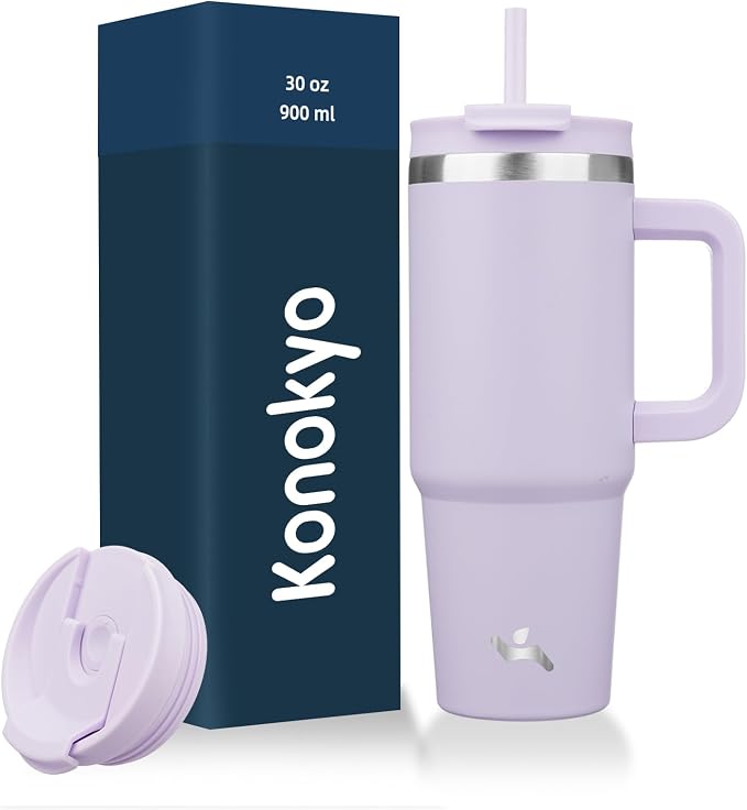 Konokyo 30 oz Insulated Tumbler Water Bottle with Handle, Straw Lid | BPA-free and dishwasher safe; made for gym, travel, coffee and gifting, 2 straws, cup holder friendly,Wisteria by Konokyo