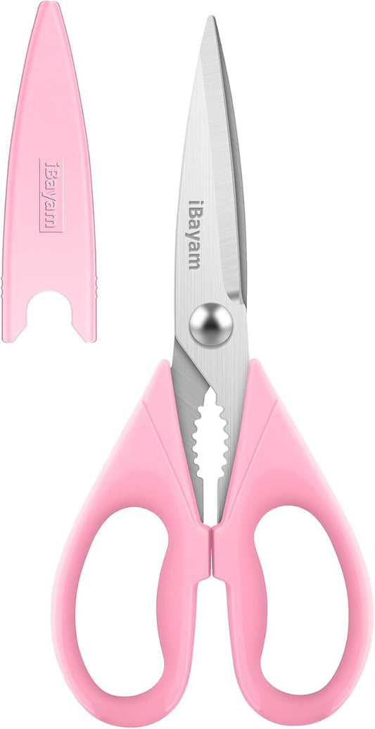 iBayam Pink Kitchen Scissors All Purpose Heavy Duty & Comfort Grip & Cover | Dishwasher Safe, 8.7" Stainless Steel Sharp Scissors Food Poultry, 2-Pack Pink Kitchen Utensils Gadgets for Cooking & Baking by iBayamDirect