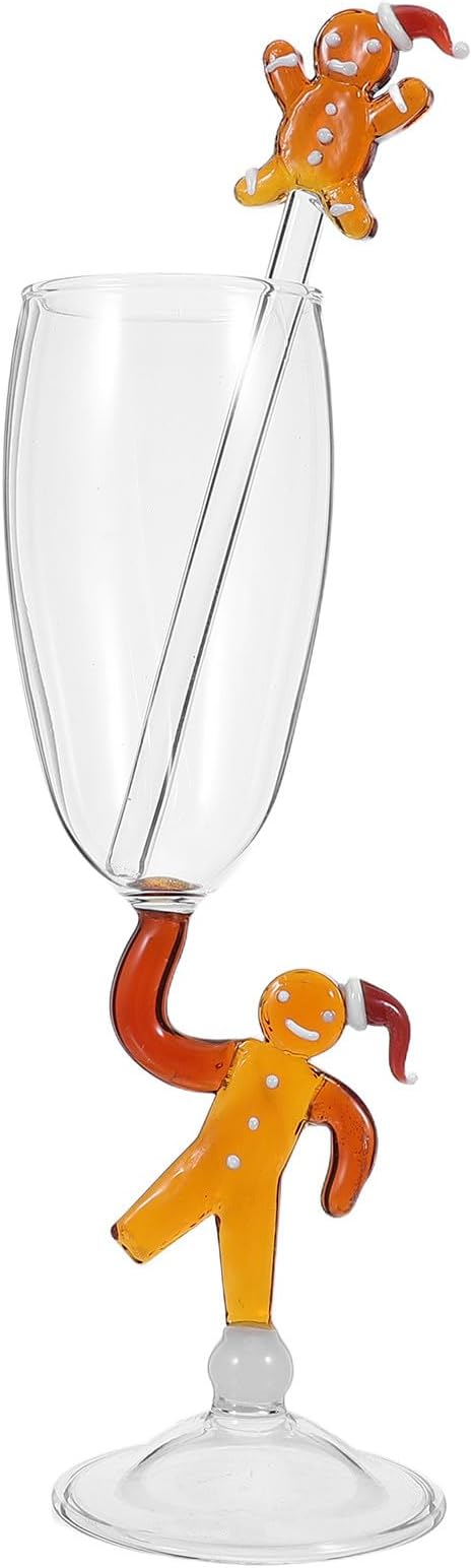 Zerodeko Christmas Themed Wine Glass, 7oz/200ml Gingerbread Man Goblet | Winter Themed Decorative Glassware & Glass Cocktail Stirrers for Xmas Home Hotel Bar Restaurant Party Decoration by Zerodeko