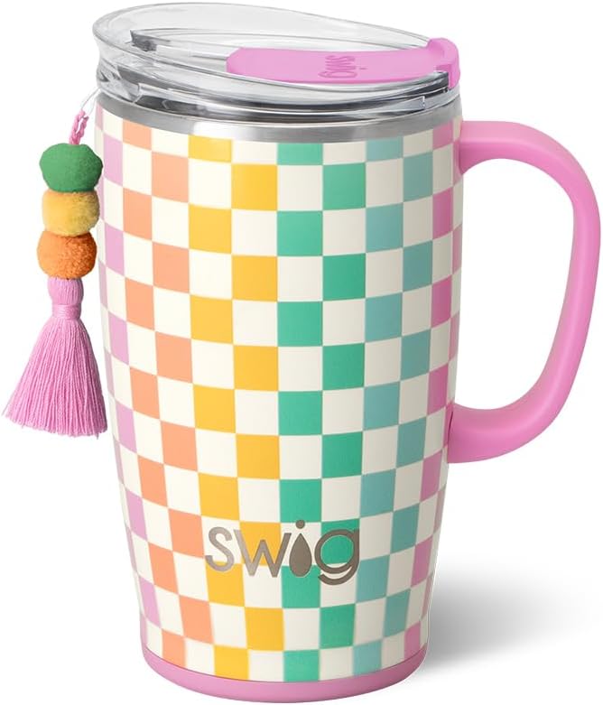 Swig Life 18oz Insulated Travel Mug with Handle & Lid, Check Mate | Triple Insulated Stainless Steel - Handle & Lid Included - Keeps Coffee Hot or Cold - Cup Holder Friendly by SwigLife
