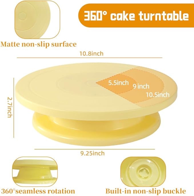Yellow baking tools set, Yellow gold Cake Turntable kit with 10 Large Piping Tips, 50 Piping Bags&2Ties, 2 Spatulas,3Icing Scrapers,spring sunshine baking kit pastel colors for Cake Decorating