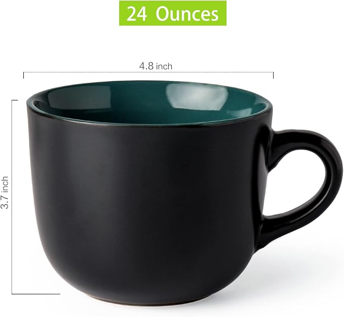 GBhome Jumbo Soup Mugs with Handles, 24 Oz Large Coffee Mugs Set of 4 | Ceramic Soup bowls for Soup Cereal Snacks Salad Noodles Cups, Microwave safe - Matte Black, Green Inside - Image 2