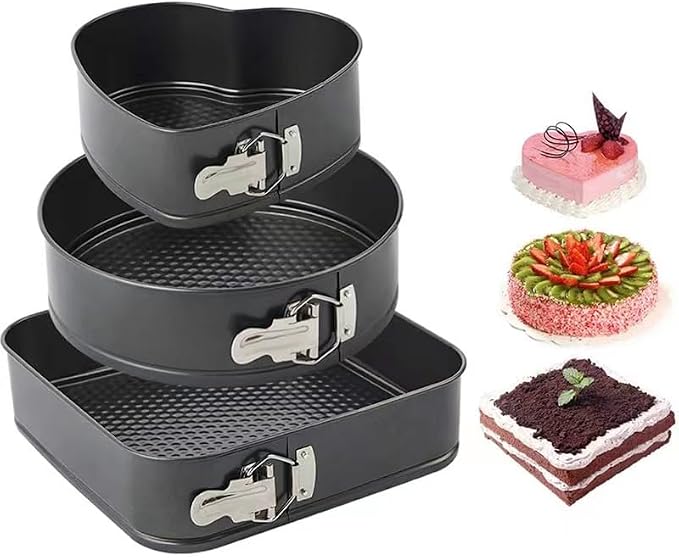 Kitchen Tool Cake Baking Supplies Non-stick Removable Bottom Springform Cake Pan TinBaking Heart shaped cake pans Leak proof and high temperature resistant Square roud Heart cake Pans Set of 3 by JNXHON