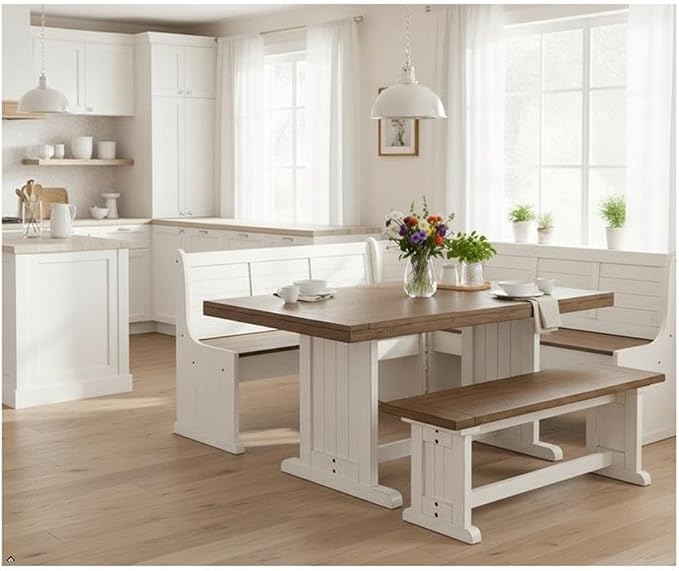 Pemberly Row Dining Set Wood, Rectangular in Off White (36" H x 75" W x 56" D) for Kitchen, Dining Room with Table, Reversable Benches, and Storage Space - Image 7