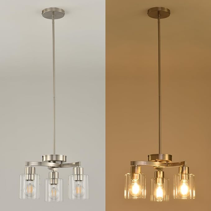 Modern Dining Room Chandelier, 3-Light Brushed Nickel Pendant Light | Industrial Pendant Light, Clear Glass Shade, Adjustable Height, E26, Dimmable - Image 3