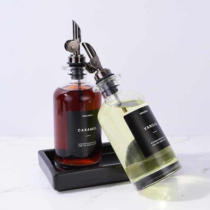Molimoli Oil and Vinegar Dispenser with Metal Pour Spout, Weighted Pourer, Glass Bottle Dispenser for Kitchen w. Ceramic Tray|Black, 350ml, Set of 2 - Image 5