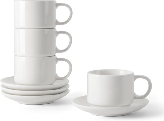 DOWAN 4 OZ Stackable Espresso Cups, Porcelain Coffee Cups with Saucers Set of 4, White Espresso and Tea Cups for Home, Office and Cafe Use by DOWAN